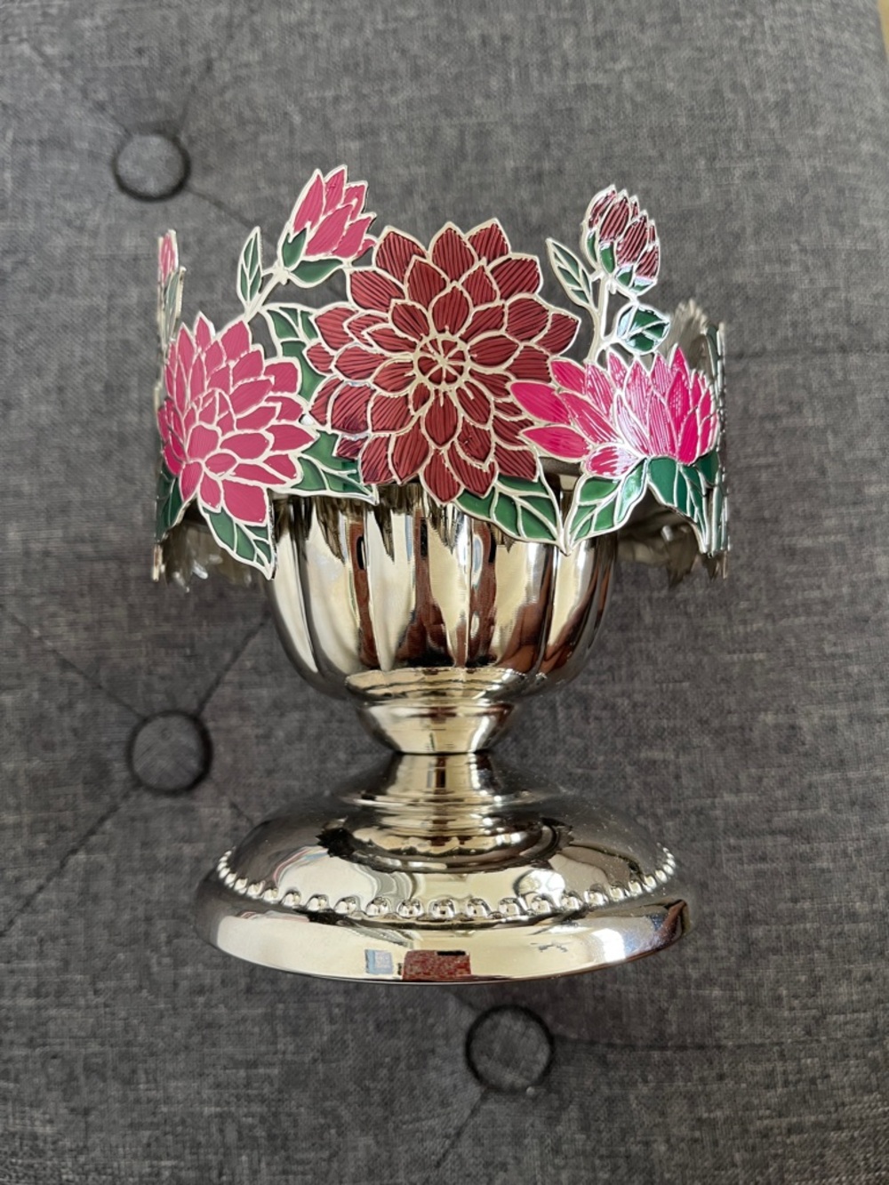 Bath & Body Works Silver Bloom Enamel Candle Holder with Pink Flowers